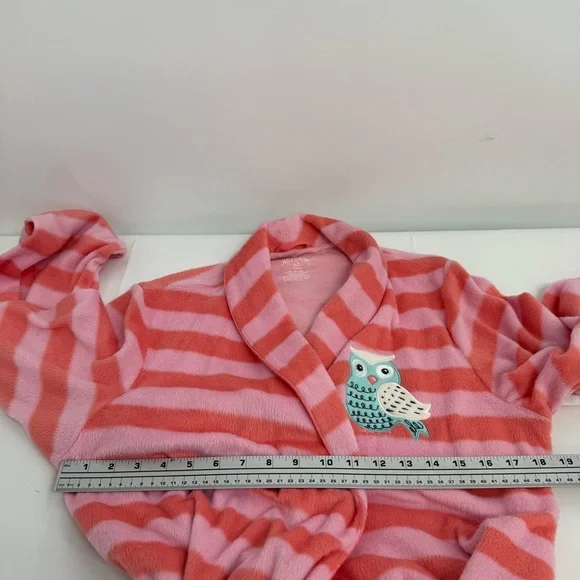 Nick and Nora Size XS/S Pink Coral Striped Soft Fuzzy Belted Robe OWL Embroidery